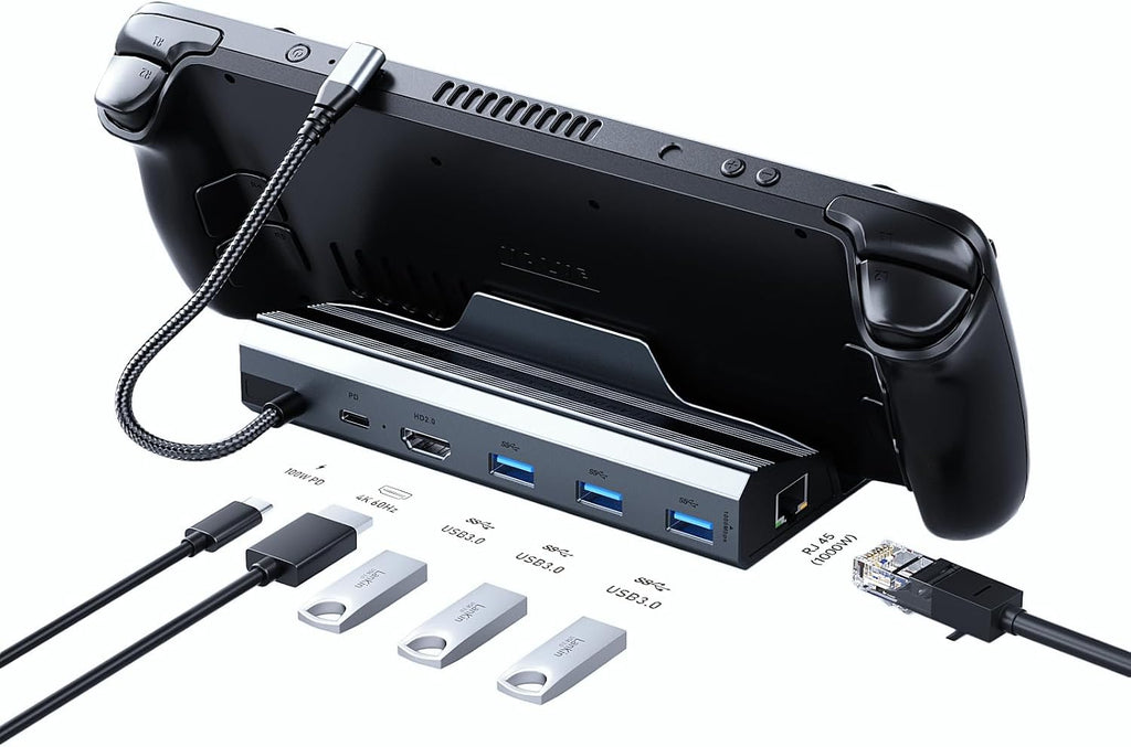 Estación de acoplamiento para Steam Deck/ROG Ally/Legion Go, la base de cubierta de vapor 6 en 1. Ethernet de 1000 Mbps, carga rápida de 3.0 PD 100W, HDMI 2.0 4K @60Hz y 3 puertos USB 3.0 Base OLED para plataforma de vapor.