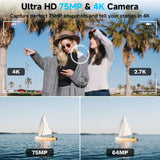 Cámara digital, cámara compacta 4K WiFi 75MP con pantalla táctil zo...