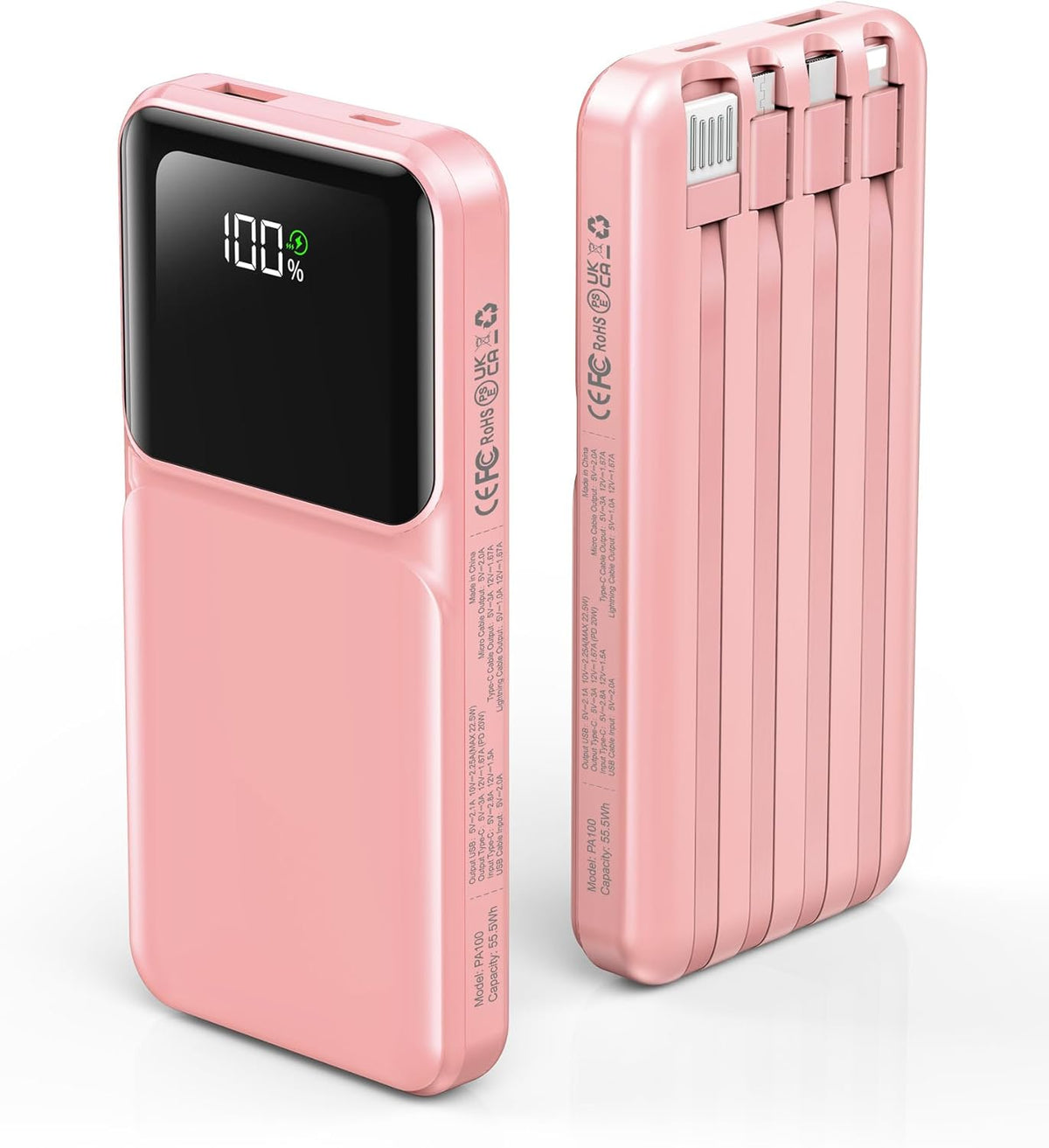 RONEGN Cargador portátil con cable incorporado - Banco de energía, 10000 mAh