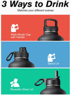 Coolflask botella de agua térmica de 64 onzas con tapa con popote y tapa con boca, botella de agua de medio galón con boca ancha, evita la condensación, sin bisfenol A, mantiene las bebidas frías durante 48 horas o calientes durante 24 horas, color negro