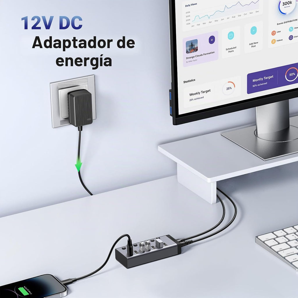 UGREEN, 90305, hub USB 3.0 de 7 puertos, adaptador 12V/2A