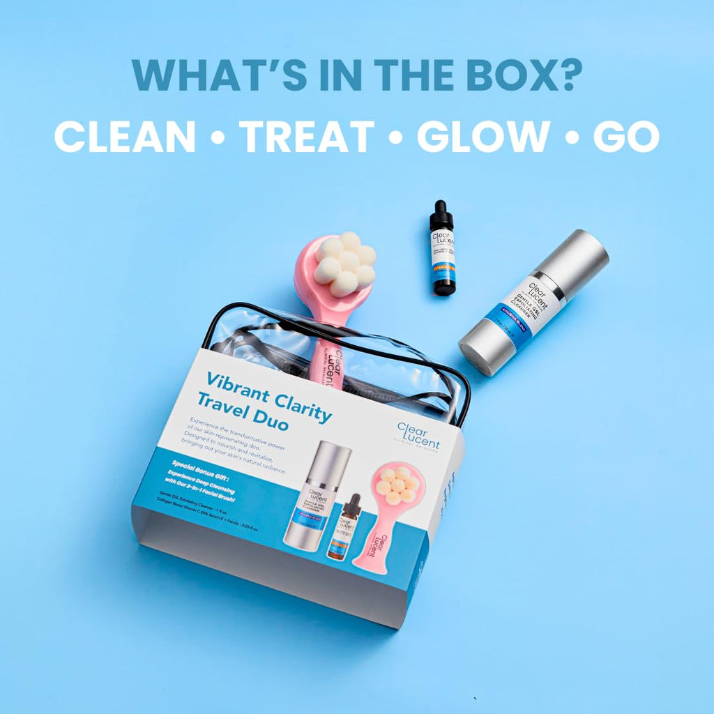 Vibrant Clarity Travel Skincare Set | Limpiador exfoliante GSL AHA/BHA compatible con la TSA y 20% vitamina C + E + suero ferúlico con cepillo facial y bolsa de viaje | Piel de vidrio para llevar