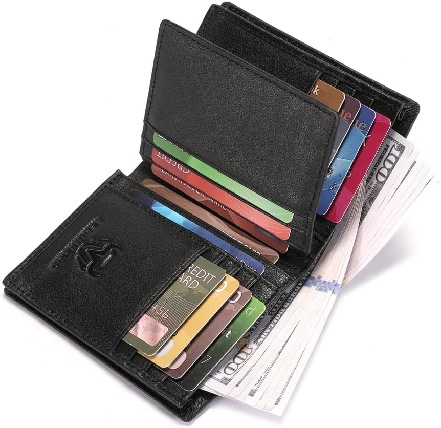 LEBULLBRO Billetera de cuero para hombre, billetera plegable con bl...