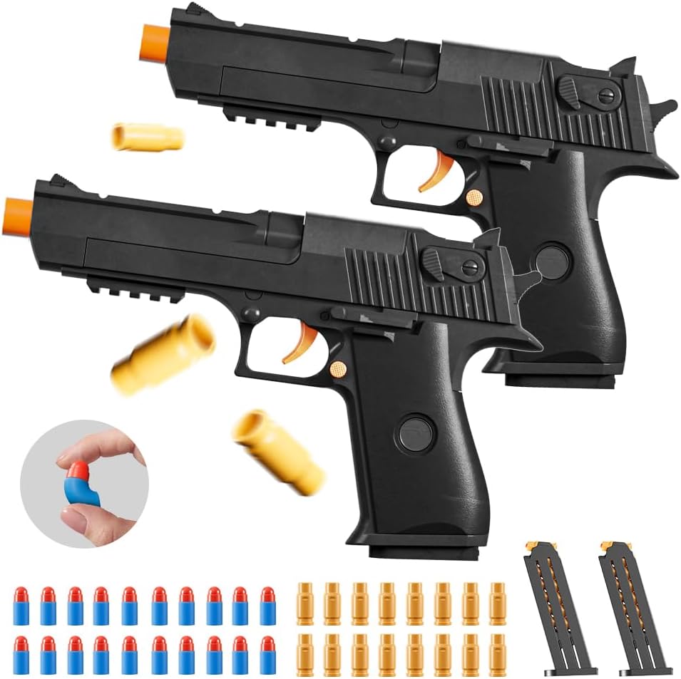 Paquete de 2 lanzadores de juguete de eyección de espuma EVA M1911, disparos con dardos de espuma, juegos de disparos, diversión en el patio trasero y juegos al aire libre, modelo de juguete educativo
