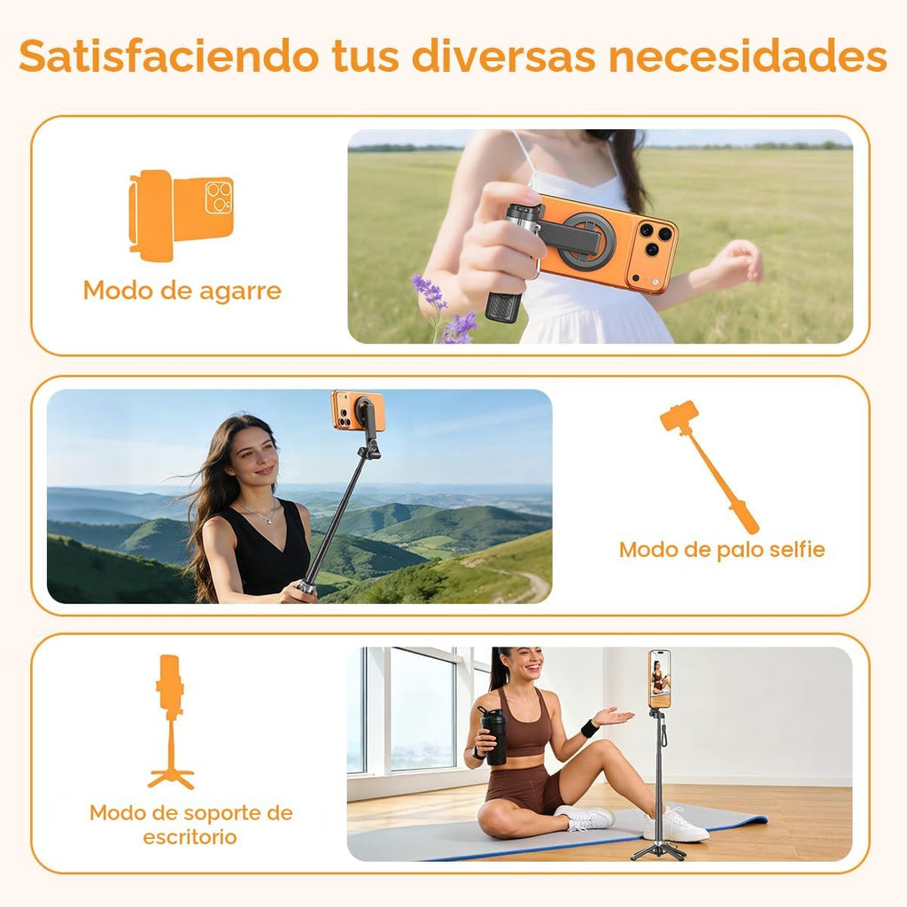 Palo selfie magnético 5 en 1 mejorado con control remoto para teléfono celular con rotación de 360°. Se puede transformar en mini trípode/agarre de cámara/estabilizador de mano / soporte para teléfono