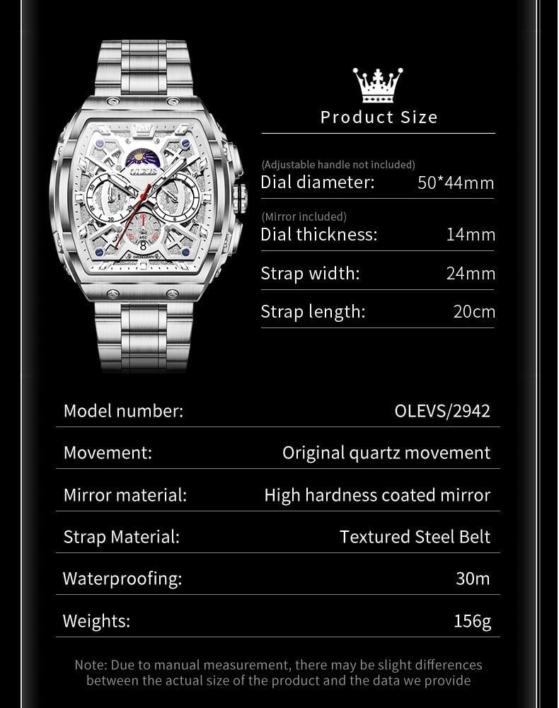 OLEVS Reloj para Hombres Analógico Cuarzo Lujo Diamante Resistente al Agua Cronógrafo Acero Inoxidable Carita Grande Cuadrado Fecha Fase Lunar Romano Relojes de Vestir para Hombres