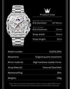 OLEVS Reloj para Hombres Analógico Cuarzo Lujo Diamante Resistente al Agua Cronógrafo Acero Inoxidable Carita Grande Cuadrado Fecha Fase Lunar Romano Relojes de Vestir para Hombres