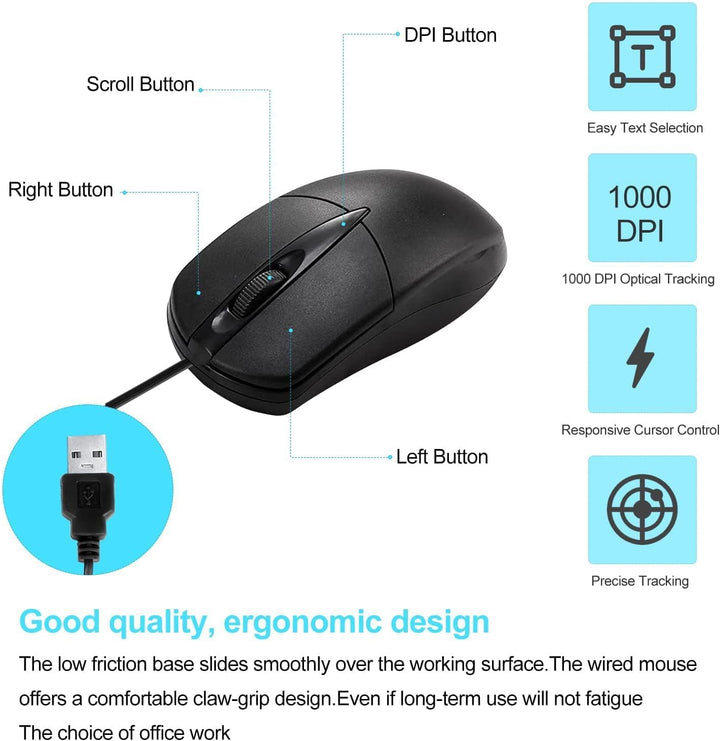 SUNYIWJIE 60 unidades de mouse USB con cable negro para computadora...