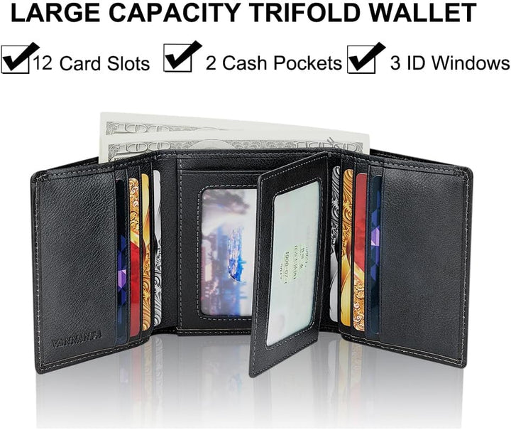 VANNANBA Cartera triple de cuero para hombre con ventanas para iden...