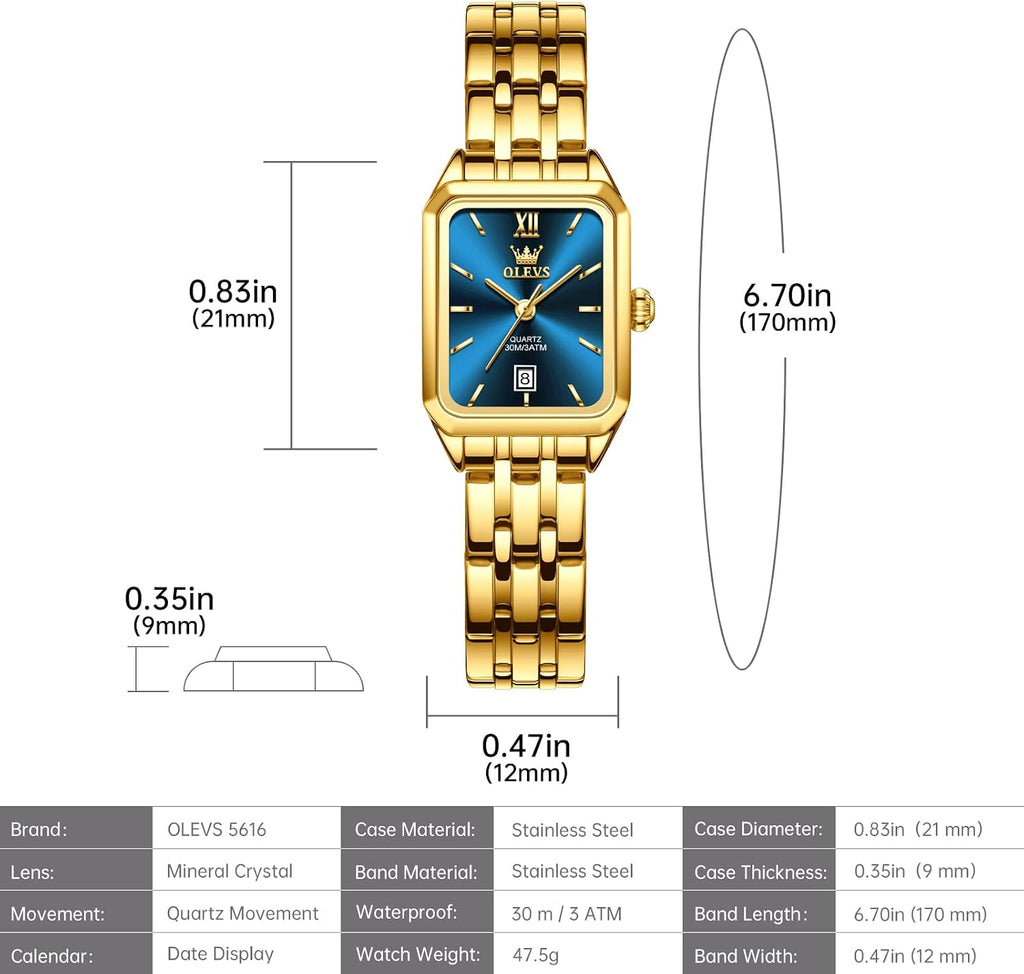 OLEVS Reloj de mujer de oro de acero inoxidable, reloj de cara cuadrada pequeña con decoración de diamantes, reloj de vestir de cuarzo analógico de lujo para mujer, reloj de pulsera impermeable con