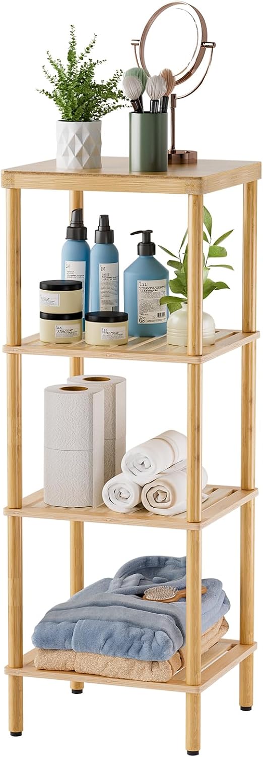 AmazerBath Estante de baño de bambú, estante de almacenamiento de baño de 4 niveles, estante de almacenamiento multifuncional para sala de estar, dormitorio, cocina, ahorrador de espacio