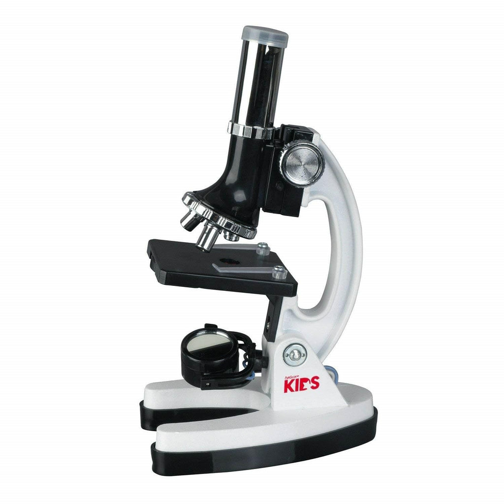 Amscope M30-ABS-KT1-W microscopio educativo para niños, base y brazo de metal, objetivos de 120X, 240X, 300X, 480X, 600X, 1200X, 48 piezas