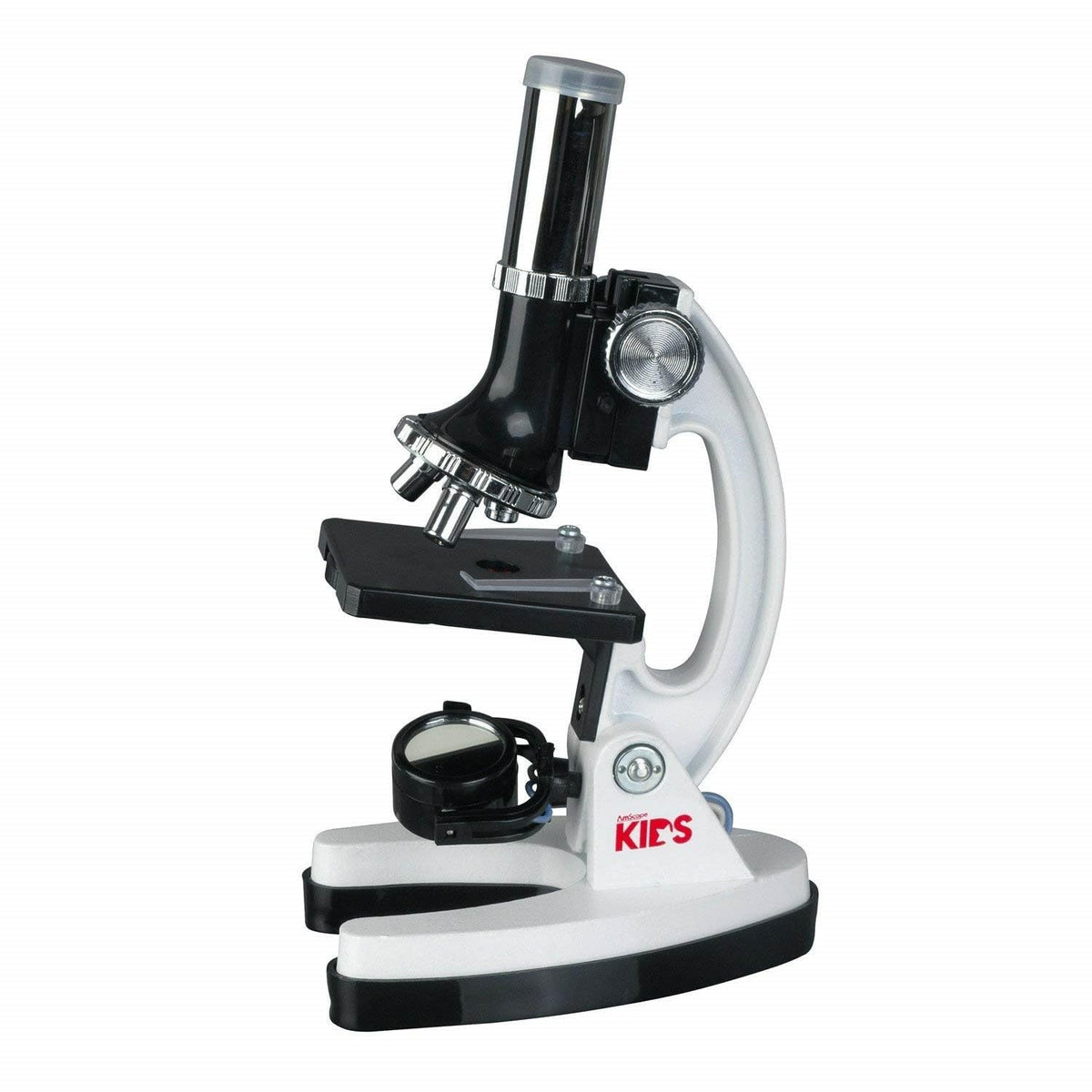 Amscope M30-ABS-KT1-W microscopio educativo para niños, base y brazo de metal, objetivos de 120X, 240X, 300X, 480X, 600X, 1200X, 48 piezas
