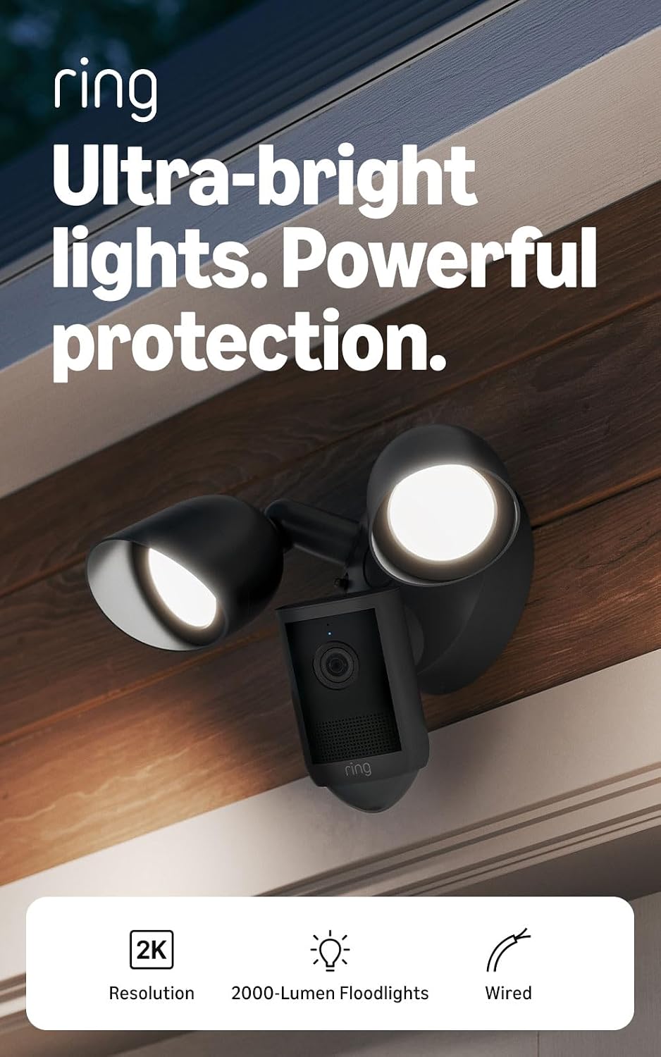 Cámara con reflector 2K Ring cableada (último modelo): seguridad para tu casa o negocio, video Retinal 4K de gran angular, zoom 6x mejorado, reflectores ultrabrillantes (negro)