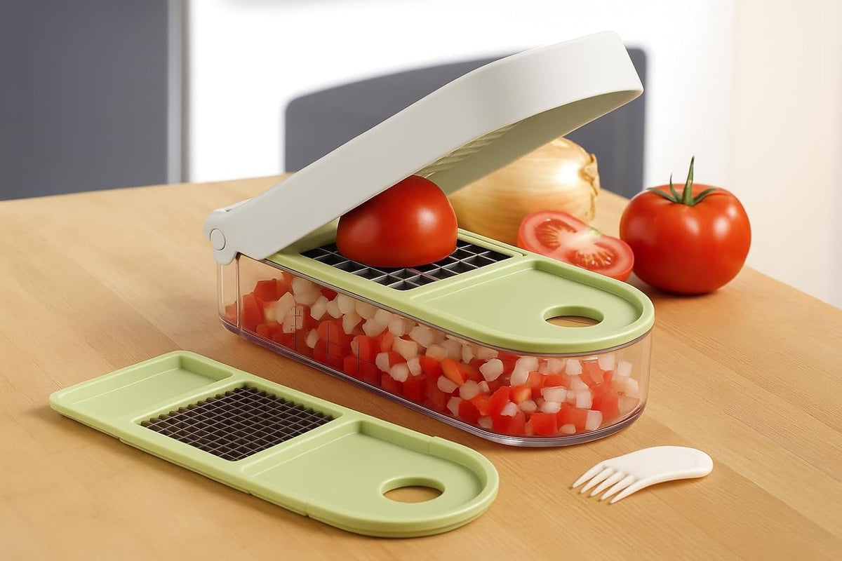 Vidalia Chop Wizard Picador de verduras – Original como se ve en la TV Cortador de alimentos con 2 cuchillas de acero inoxidable, recipiente grande de 2 tazas, herramienta de limpieza, cortador de cebolla, verduras y frutas apto para lavavajillas