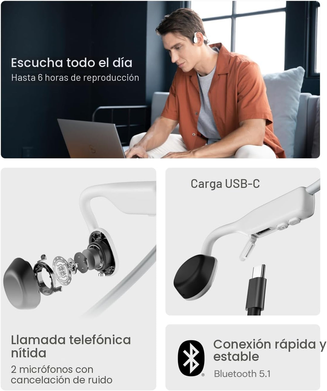 SHOKZ OpenMove - Auriculares deportivos Bluetooth de oreja abierta,...