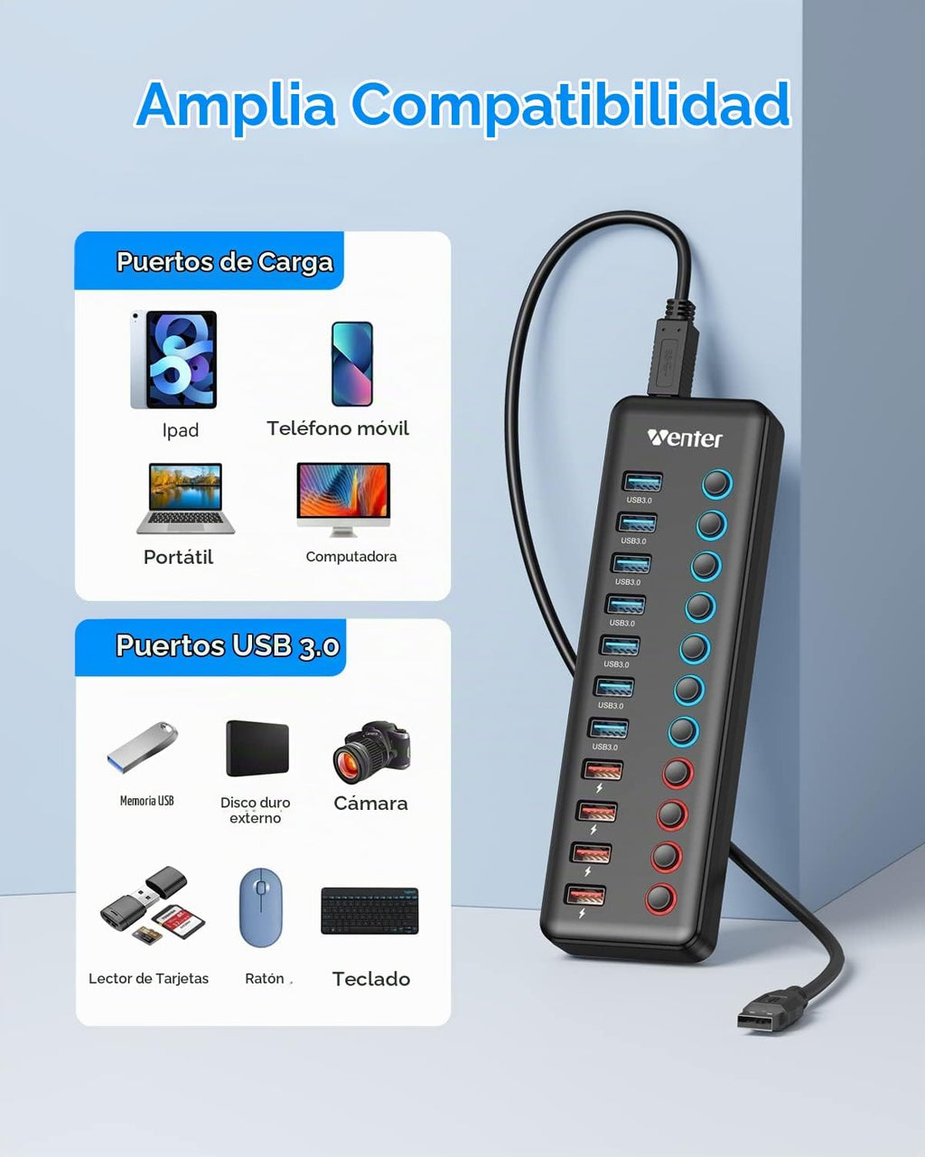 WENTER, 7401, hub USB 3.0 de 11 puertos, alimentado, adaptador 12V/3A