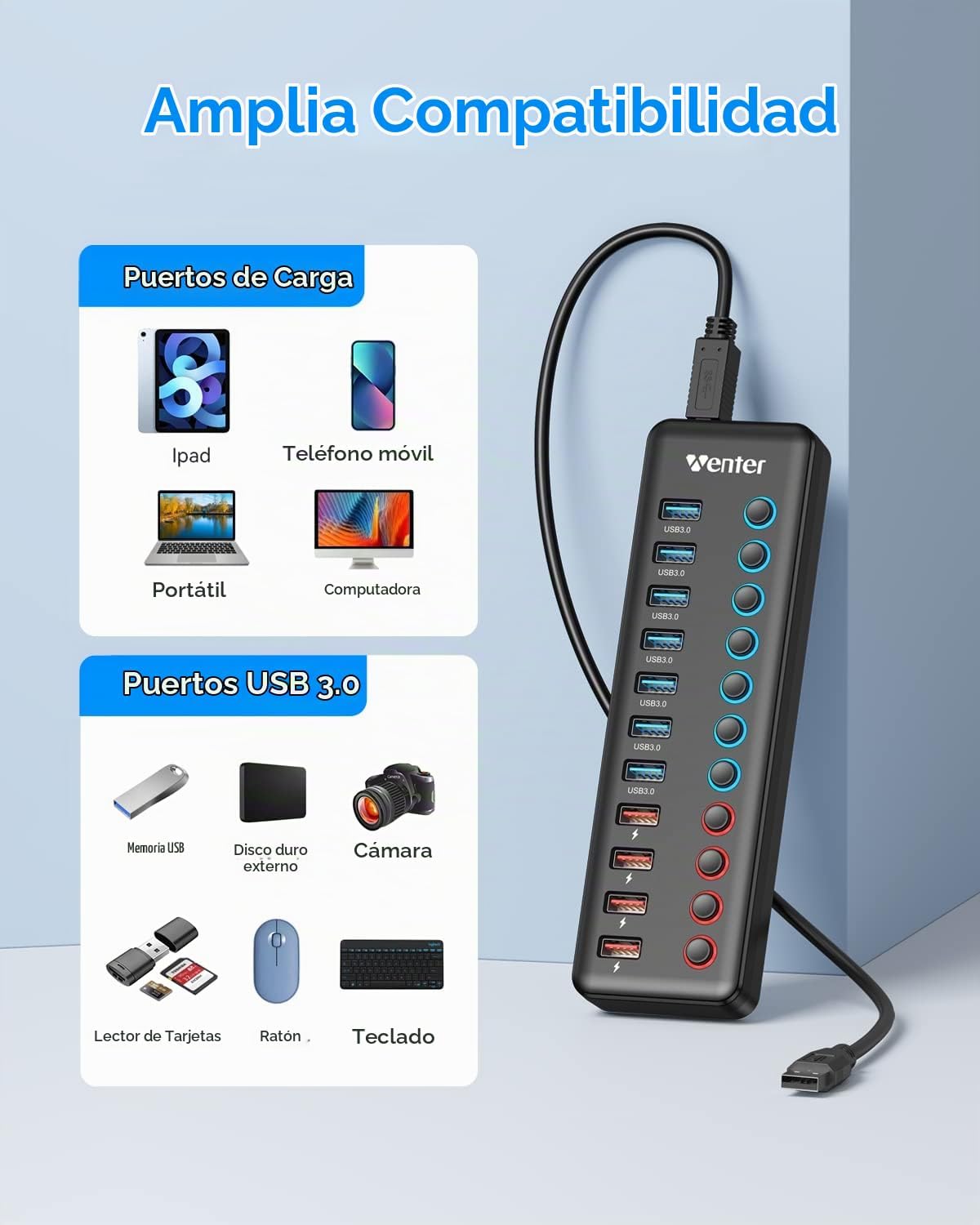 WENTER, 7401, hub USB 3.0 de 11 puertos, alimentado, adaptador 12V/3A