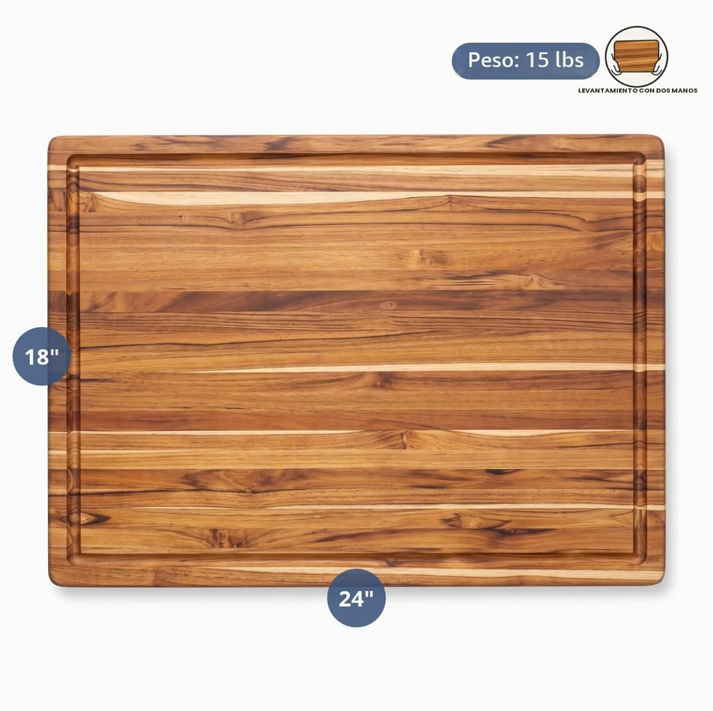 Teak tabla para cortar rectangular con agarre y ranura para líquidos (24 x 18 x 1.5 pulgadas) - De Teakhaus.