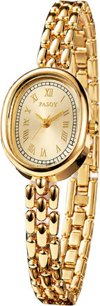 Reloj de pulsera para mujer con pantalla pequeña, cuarzo analógico ovalado de cara pequeña (Dorado)