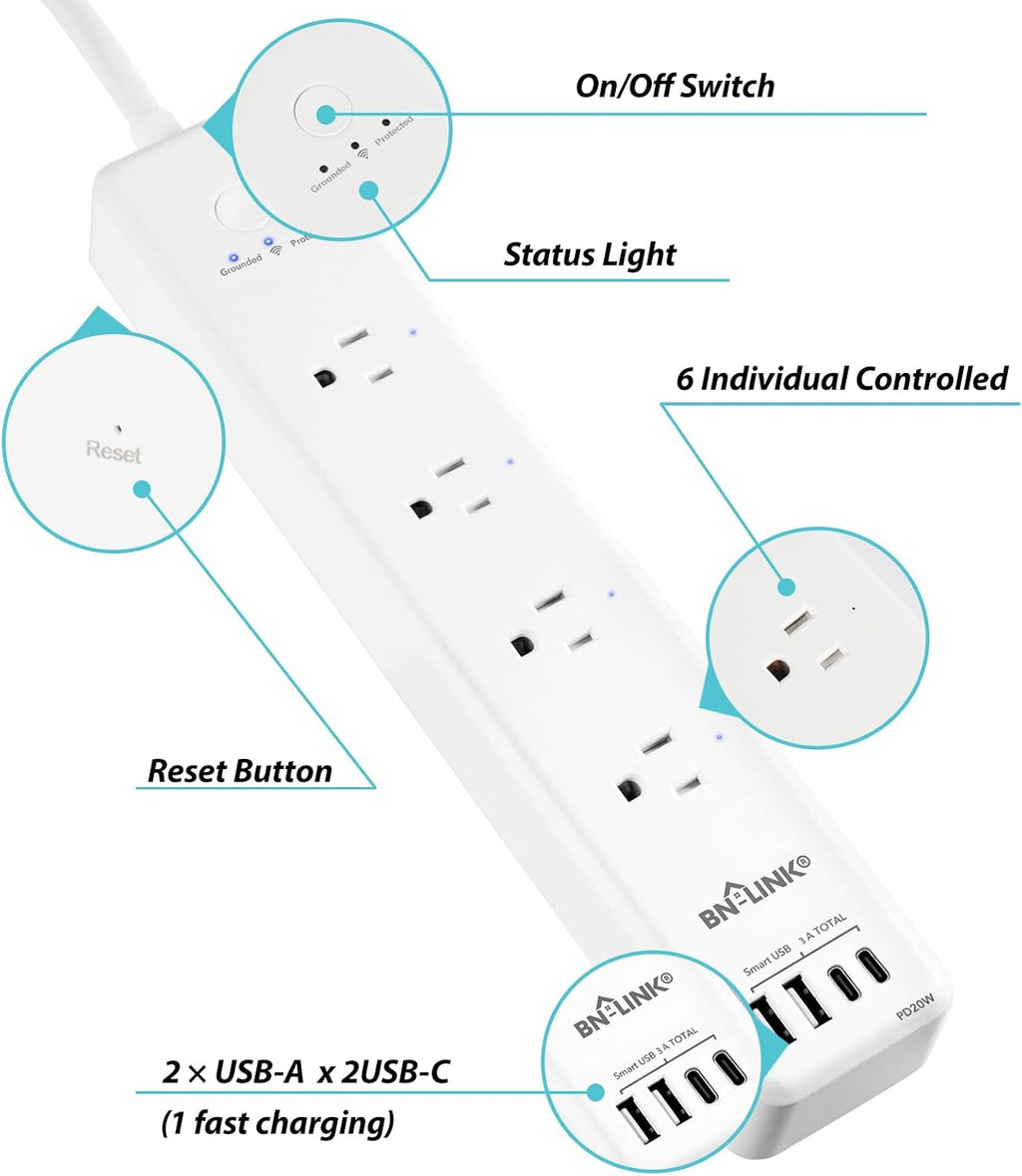 BN LINK tira de alimentación inteligente, protector contra sobrecargas con 4 tomas inteligentes controladas individualmente, 4 USB (incl. USB-C de 20W), compatible con Alexa y Google Home