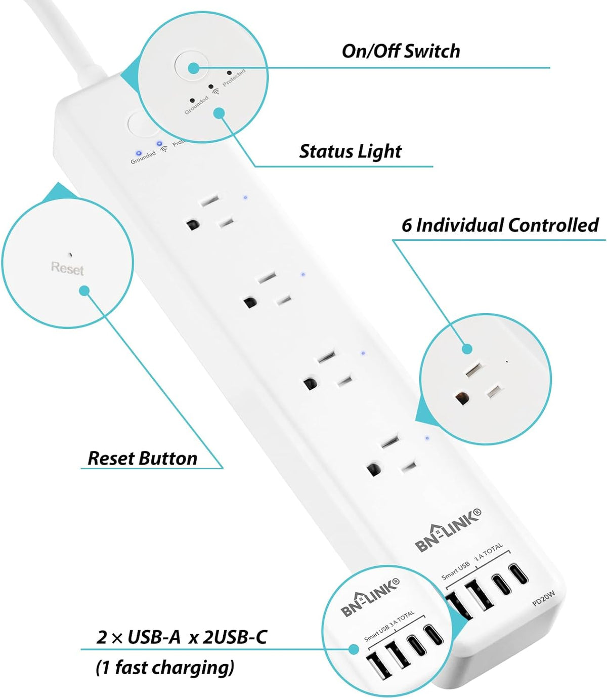 BN LINK tira de alimentación inteligente, protector contra sobrecargas con 4 tomas inteligentes controladas individualmente, 4 USB (incl. USB-C de 20W), compatible con Alexa y Google Home