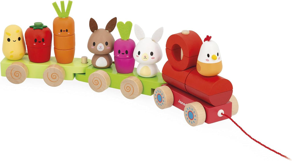 Janod - Tren de madera - Tema de granja - 3 vagones y 19 piezas - Juguete de aprendizaje temprano - Madera y pintura a base de agua - Desarrollar habilidades motoras finas - a partir de 12 meses