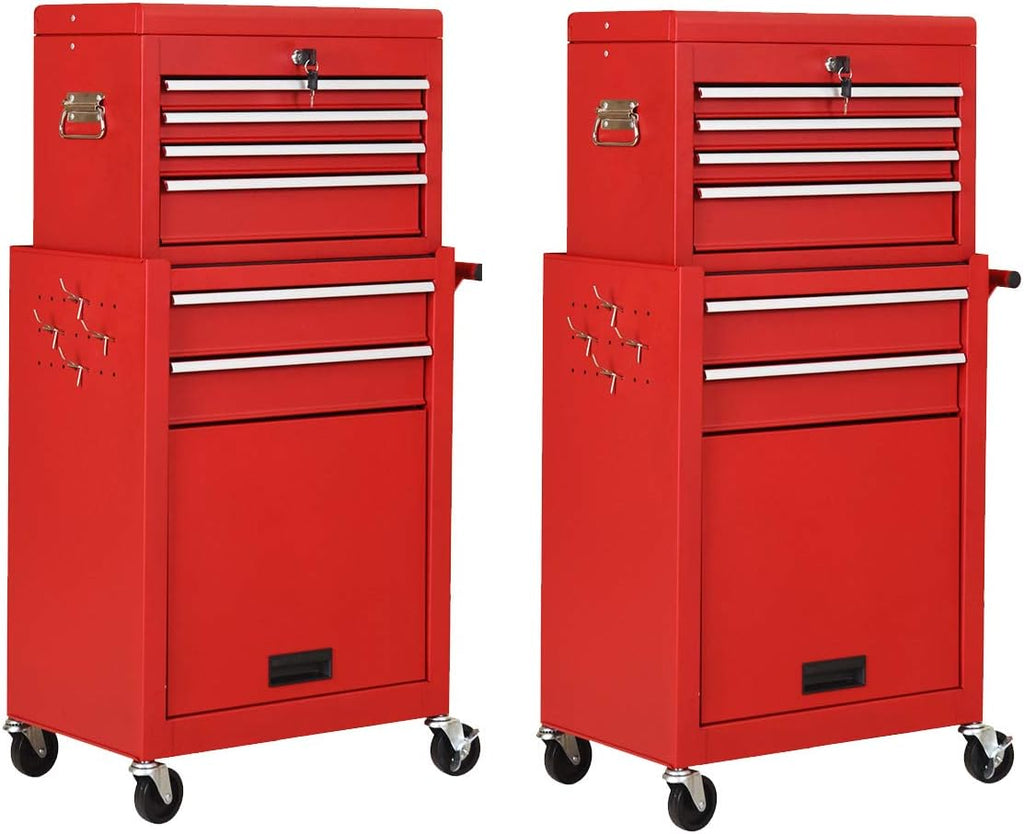 Goplus Juego de 2 cajas de herramientas con ruedas, juego de 2 cajas de herramientas de 6 cajones, organizador de almacenamiento de herramientas extraíble con cerradura