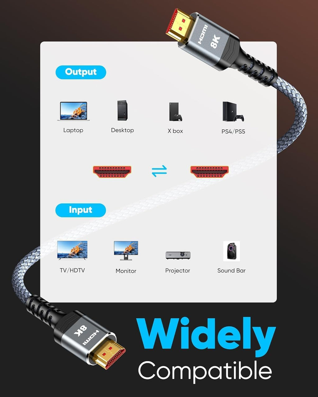 Highwings - Cable largo HDMI 8K 2.1, 30 pies, 48 Gbps, de alta velocidad, 4K a 120 y 144 Hz, HDR 10 dinámico, eARC, HDCP 2.2 y 2.3, compatible con PS5, reproductor de Blu-ray y monitor