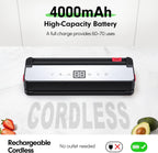 Sellador al vacío portátil para almacenamiento de alimentos: máquina selladora al vacío de succión de 75 kPa - Batería recargable de 4000 mAh para cocinas domésticas, apartamentos, casas rodantes y viajes, modos de alimentos secos y húmedos, cortador