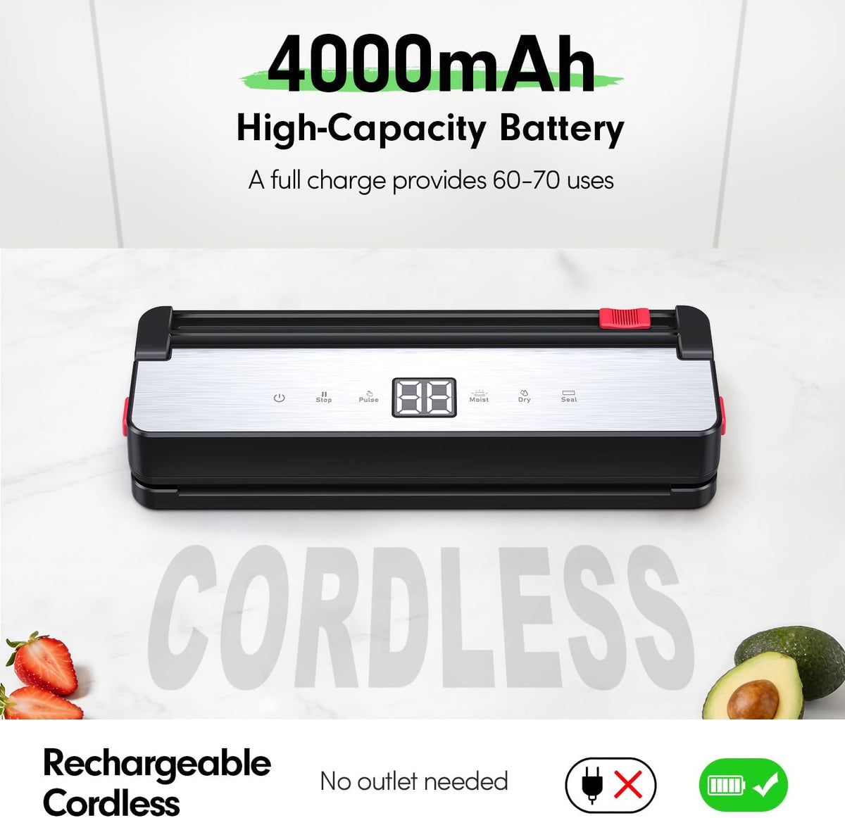 Sellador al vacío portátil para almacenamiento de alimentos: máquina selladora al vacío de succión de 75 kPa - Batería recargable de 4000 mAh para cocinas domésticas, apartamentos, casas rodantes y viajes, modos de alimentos secos y húmedos, cortador