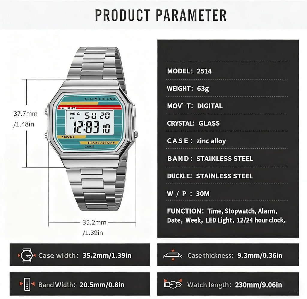 Reloj digital retro de acero inoxidable con banda de alarma, cronógrafo, luz LED, resistente al agua hasta 30 m, reloj de pulsera electrónico vintage para hombres y mujeres