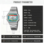 Reloj digital retro de acero inoxidable con banda de alarma, cronógrafo, luz LED, resistente al agua hasta 30 m, reloj de pulsera electrónico vintage para hombres y mujeres