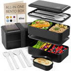 Caja Bento Umami All-In-1 para adultos con 4 utensilios, frasco grande para salsa, 2 separadores, 100% a prueba de fugas, apta para microondas y lavavajillas, apilable, contenedores para almuerzo para hombres/mujeres, negro mate, 40 oz