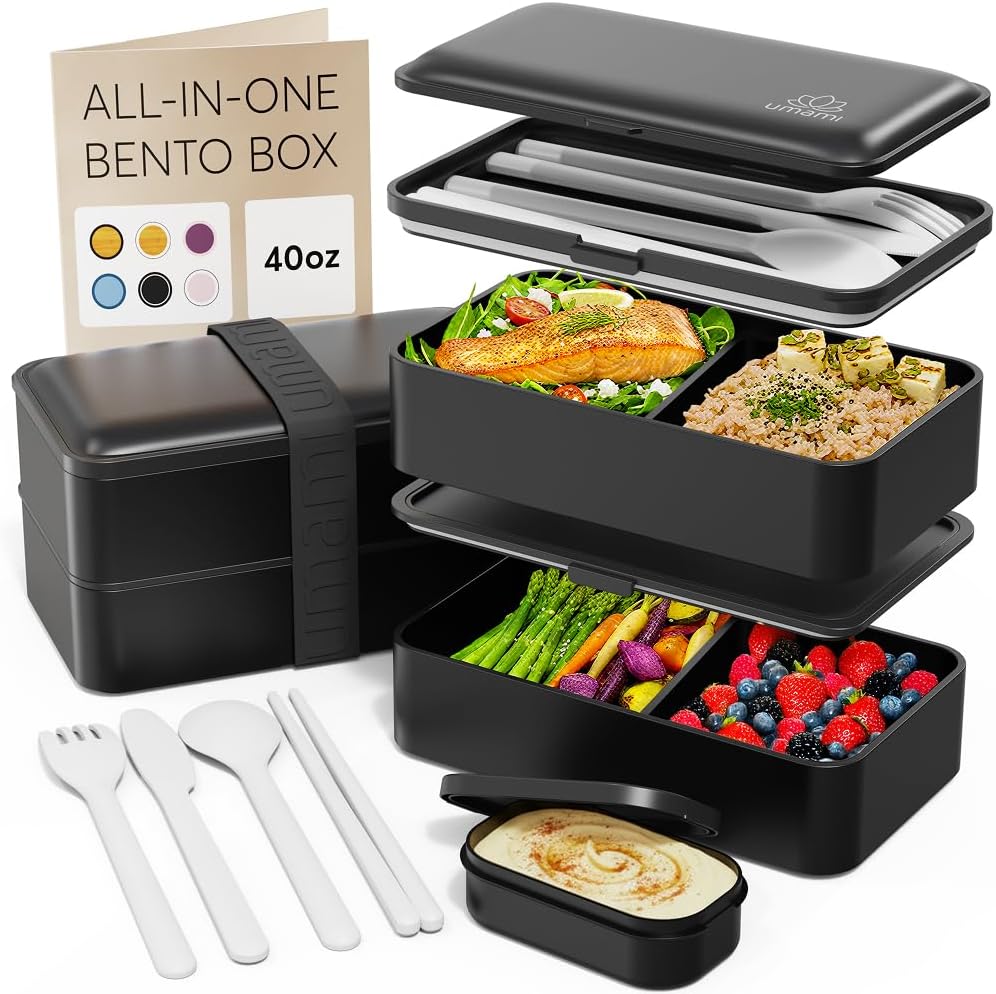 Caja Bento Umami All-In-1 para adultos con 4 utensilios, frasco grande para salsa, 2 separadores, 100% a prueba de fugas, apta para microondas y lavavajillas, apilable, contenedores para almuerzo para hombres/mujeres, negro mate, 40 oz