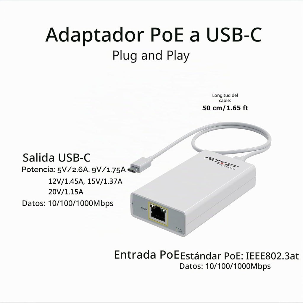 Convertidor Gigabit PoE a USB C, adaptador USB-C a Ethernet con carga de 23