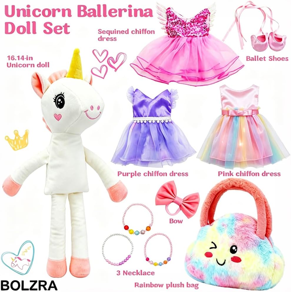 BOLZRA Juguetes de unicornio de bailarina para niñas de 4 a 6 años, juego de muñecas de animales de peluche de unicornio, 3 juegos de muñeca de ballet princesa con bolsa de felpa arcoíris, regalos de unicornios para cumpleaños, cesta de Pascua