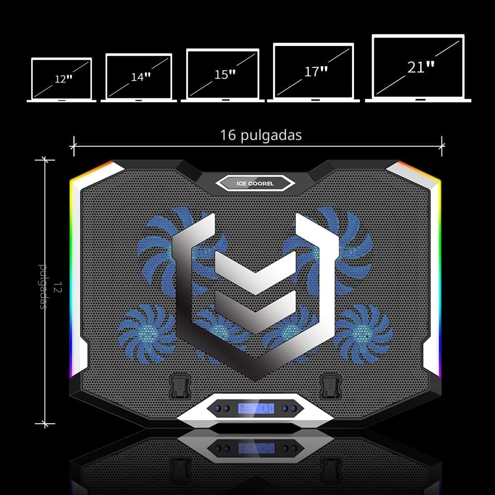 Almohadilla de enfriamiento para laptop de juegos de 15-17.3 pulgadas, ventilador para laptop con 6 ventiladores de enfriamiento RGB, soporte de enfriamiento para laptop con 6 ajustes de