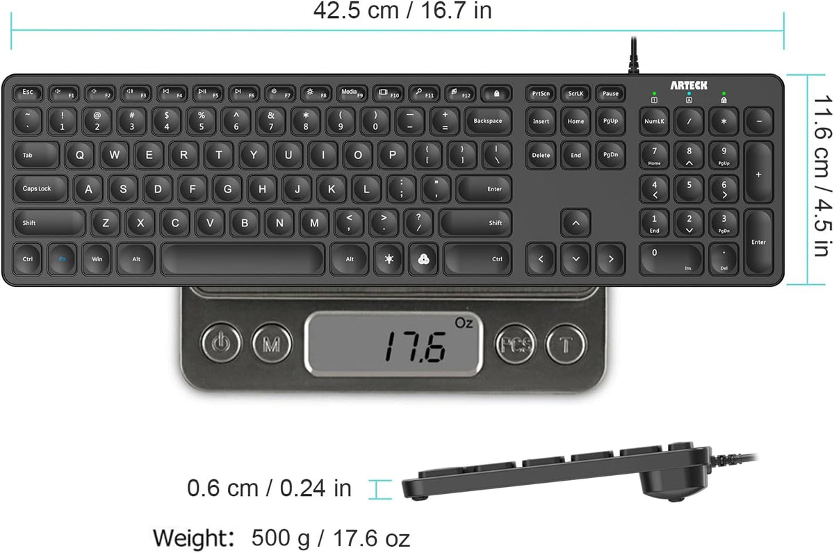 Arteck - Teclado retroiluminado USB con cable de tamaño completo co...