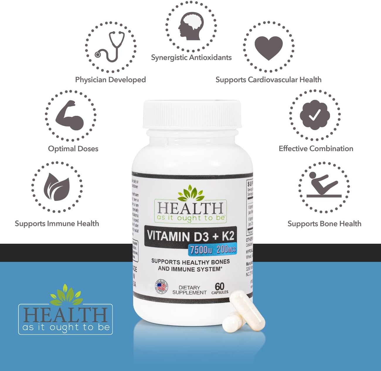 HAIOTB D3+K2: Vitamina D3 7500 UI (188mcg) + K2 200 mcg- 60 Cápsulas