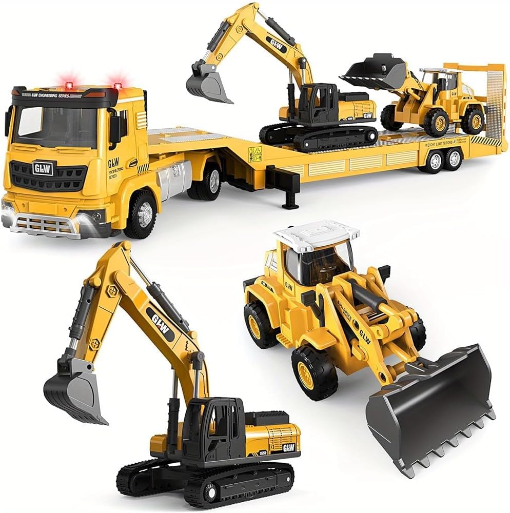 Juego de vehículos de construcción de aleación fundida a presión con semirremolque, excavadora y bulldozer – Luces y sonidos reales, piezas movibles – Juguetes de aprendizaje regalo para niños