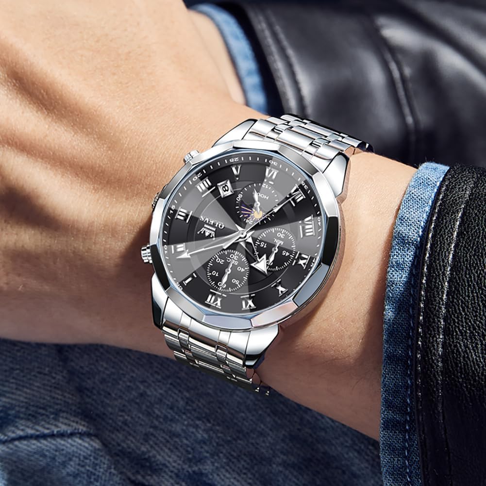 OLEVS Reloj para hombres, cuarzo, acero inoxidable, vestir, impermeable, luminoso