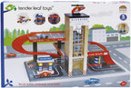 Tender Leaf Toys - Estación de servicio Blue Bird - Garaje clásico de madera y estación de servicio para automóviles y helicópteros con rampas, bombas de gasolina y centro de lavado de autos -