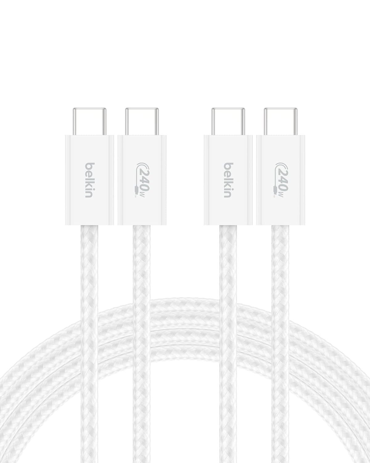 Belkin Paquete de 2 cables USB C a USB C, 6.6 pies, 240 W, cargador tipo C, cable de carga para iPhone, suave, trenzado, flexible para iPhone 17, Galaxy S25, Pixel 10, MacBook, Chromebook, iPad Pro