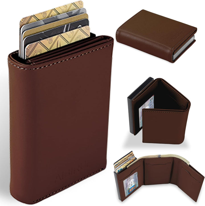 Aibirui Billetera desplegable para hombre, de cuero y aluminio, con...