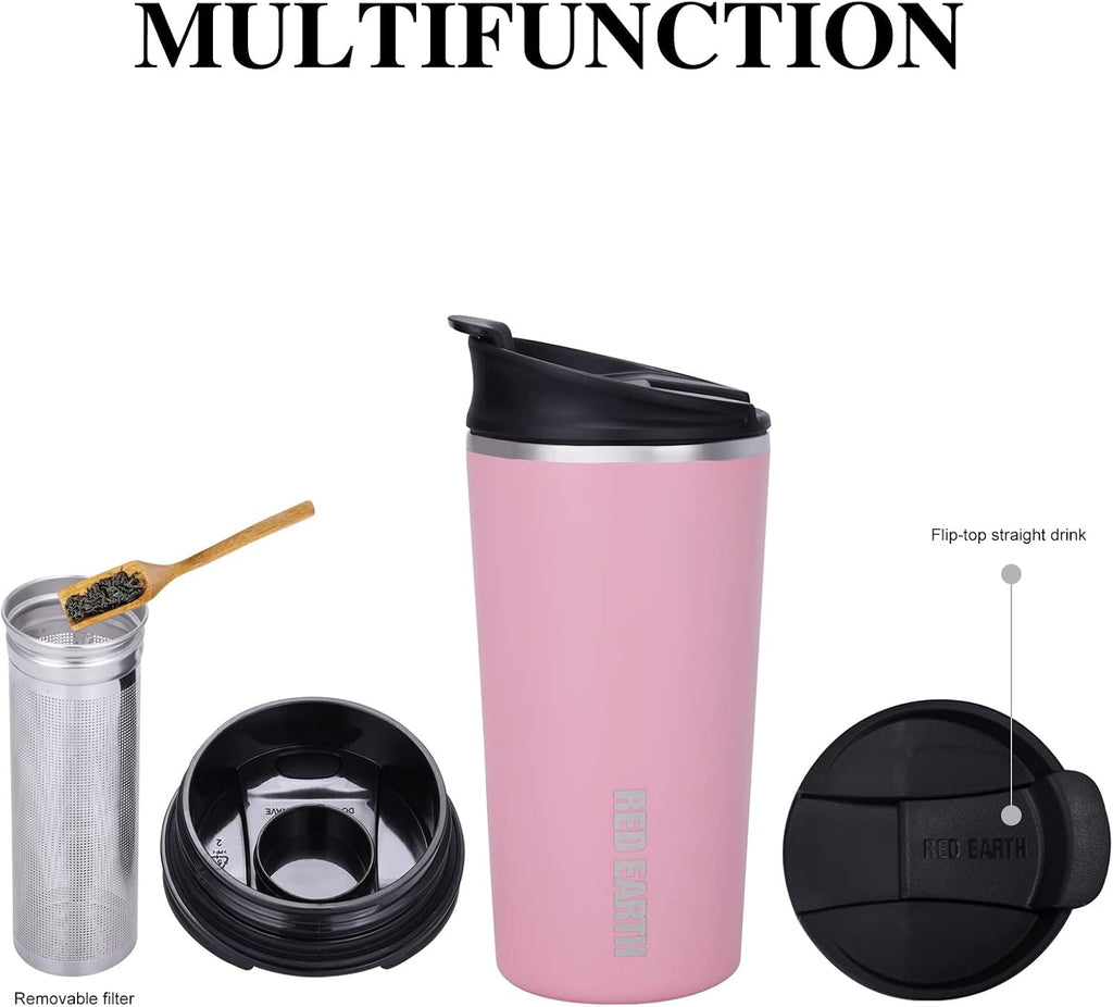 GiNT - Taza de té de viaje de 17 onzas con infusor, 2 tapas. Taza de café de acero inoxidable 316 aislada al vacío. Taza de té apta para lavavajillas con colador para café caliente y frío (rosa)