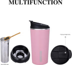 GiNT - Taza de té de viaje de 17 onzas con infusor, 2 tapas. Taza de café de acero inoxidable 316 aislada al vacío. Taza de té apta para lavavajillas con colador para café caliente y frío (rosa)
