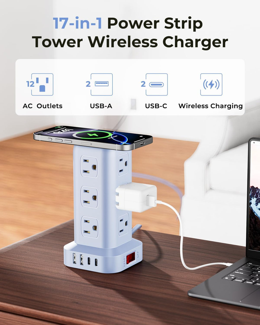 Regleta azul con 12 tomacorrientes, 4 USB (1 USB C), cable de extensión de 6.5 pies con múltiples tomas, estación de carga, torre de regleta de alimentación, suministros de escritorio de oficina en
