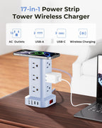 Regleta azul con 12 tomacorrientes, 4 USB (1 USB C), cable de extensión de 6.5 pies con múltiples tomas, estación de carga, torre de regleta de alimentación, suministros de escritorio de oficina en