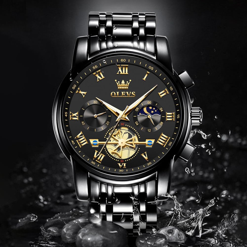 OLEVS Relojes para hombre, resistente al agua, de lujo, gran cara, reloj analógico de cuarzo de acero inoxidable, relojes de vestir analógicos para hombre, luminoso, multifuncional, reloj de hombre